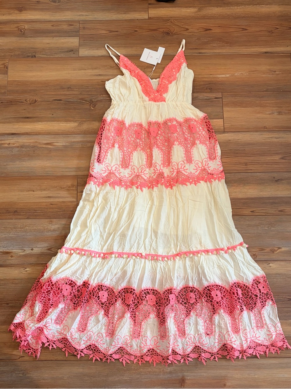 Cream Maxi Dress with Pink Lace Trim